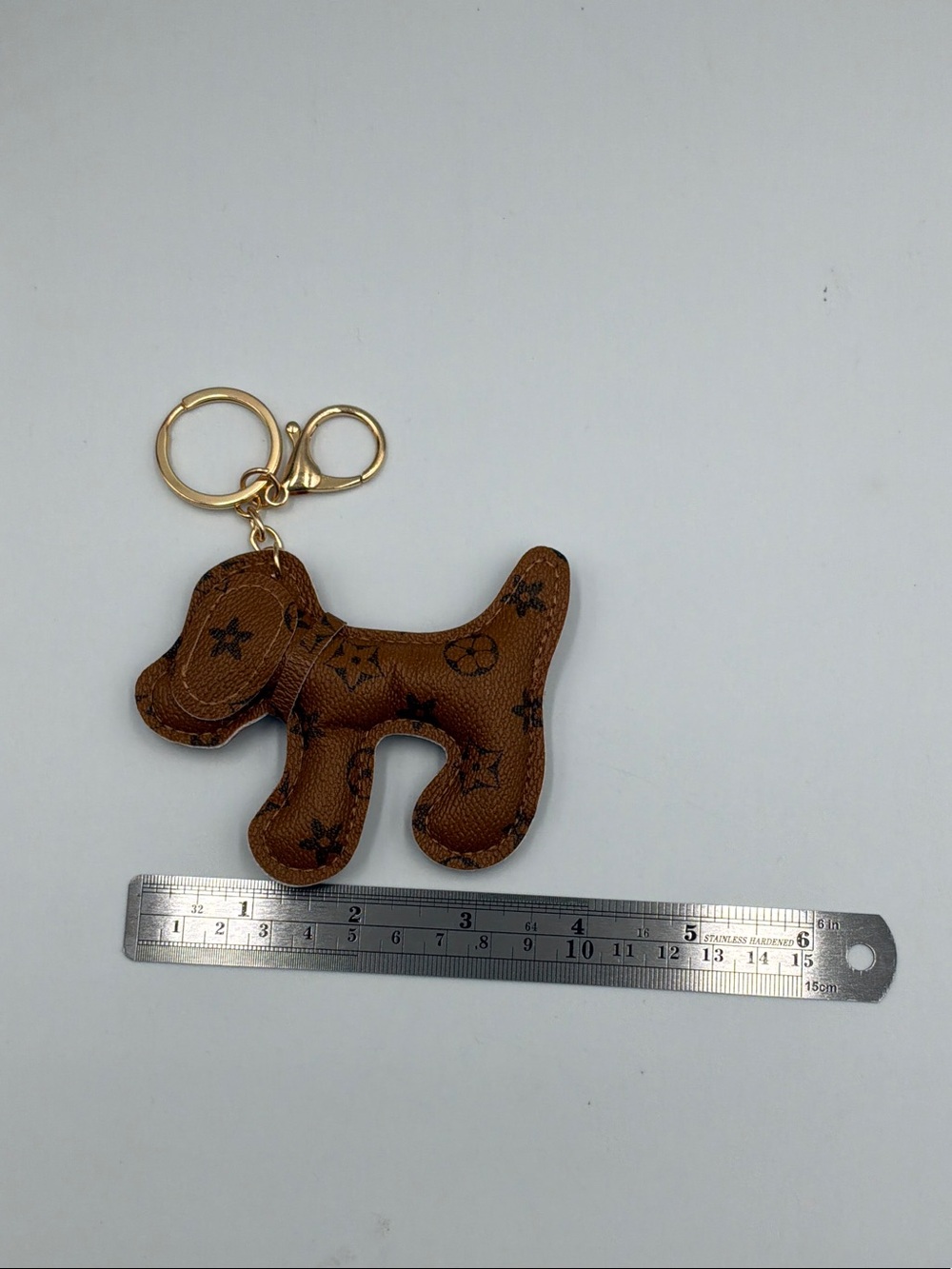 Designer Inspired Brown Dog Keychain with Gold Hardware - Picture 2 of 3